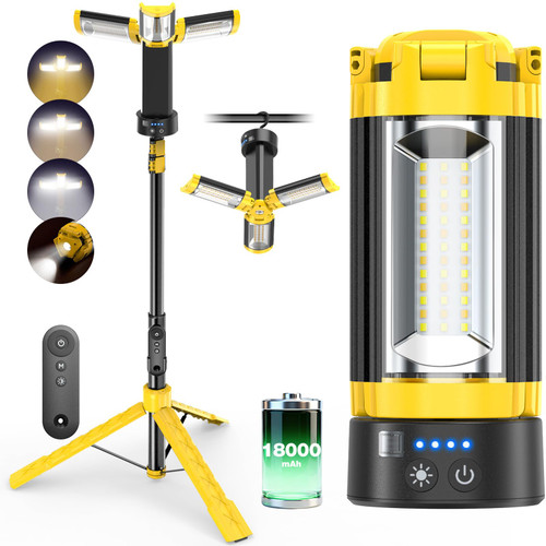 OGERY Camping Lights with Remote, 18000mAh Rechargeable Camping Lantern & LED Work Light, Detachable Tripod Stand up to 6.0 ft, 3 Lamp Heads for Camping Essentials & Emergency, Yellow