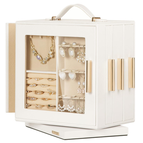 Necklace Earring Organizer with Transparent Window, Mirror, 7 Drawers, Large Ring Display Storage Case for Girls Women (White)
