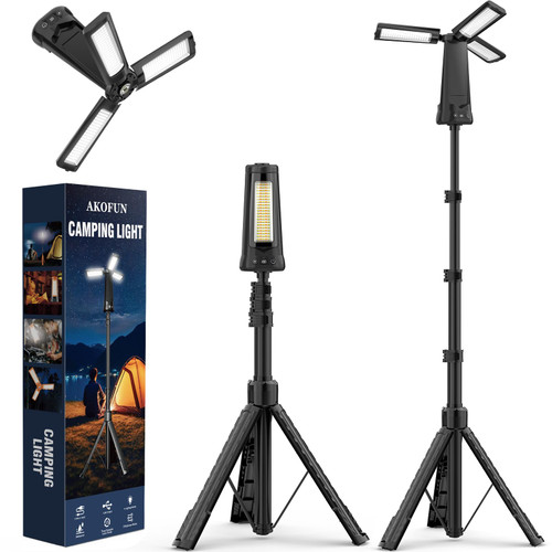 AKOFUN 15000 mAh Rechargeable Camping Light with Stand, Cordless Work Light with 3 LED Lamp Heads, 5500 Lumens Dimmable Camping Essentials Gear Emergency Flashlight with 86" Detachable Tripod, Black