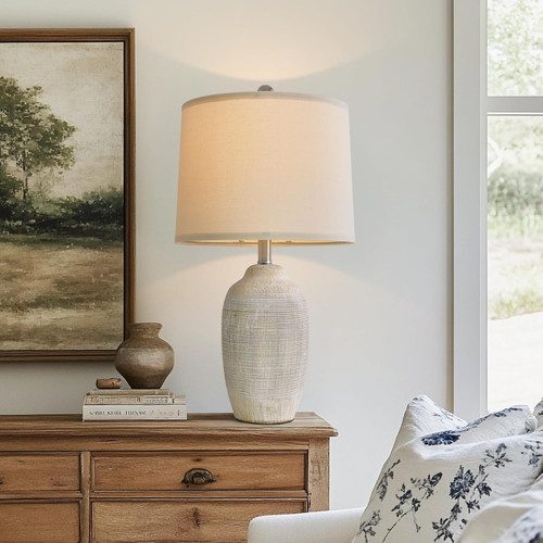 24 inch Vintage Ceramic Table Lamp with 5FT Cord - Single Farmhouse Rustic Bedside Lamp with Natural Textured Finish