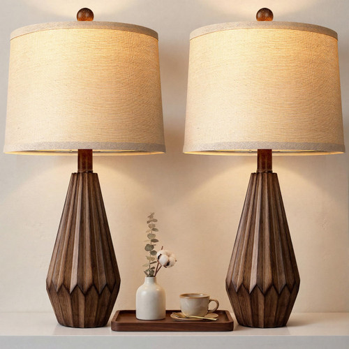 Hamucd Set of 2 Modern Farmhouse Lamp for Living Room, Rustic Resin Beside Table Lamps with Linen Shade