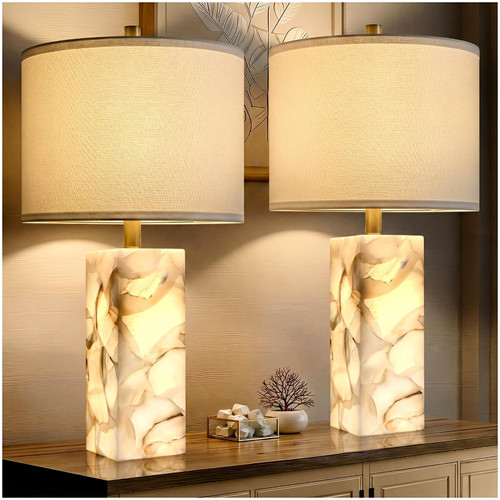Table Lamp Set of 2 with Night Light for Bedroom Living Room, 23" Rotary Switch Bedside Lamp with Linen Shade