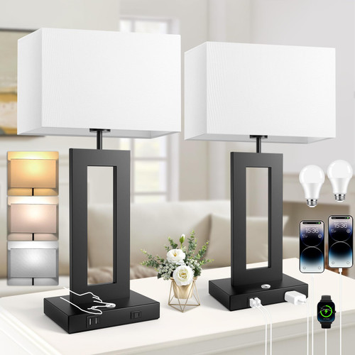 3 Color Temperatures Table Lamps for Bedrooms Set of 2, 22’’ Touch Control Bedside Nightstand Lamps with 2 USB Ports & AC Outlet