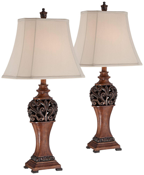 Traditional Style Table Lamps 30" Tall Full Size Set of 2 Bronze Wood Carved Leaf Creme Rectangular Bell Shade Cottage Core Decor for Living Room