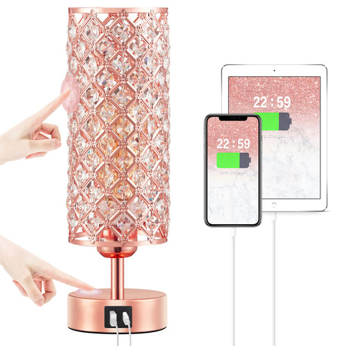 Rose Gold Bedside Lamp with USB C and A Ports, Nightstand Light for Living Room, Bedroom, Home Office (Bulb Included)