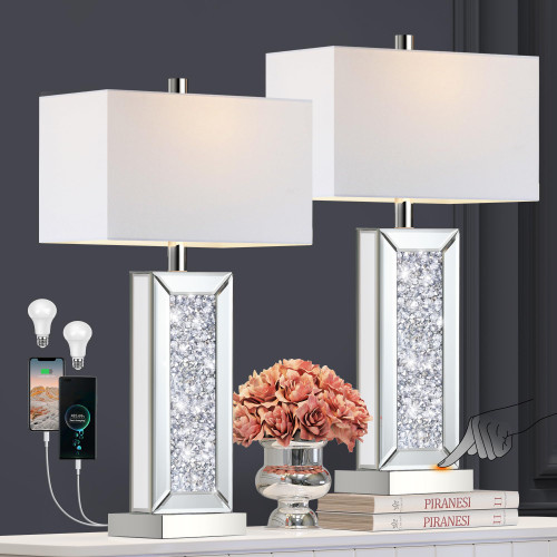 Modern Table Lamp Set of 2 Touch Control, Silver 3-Way Dimmable Mirrored Nightstand Lamps White Fabric Shade for Living Room Bedroom