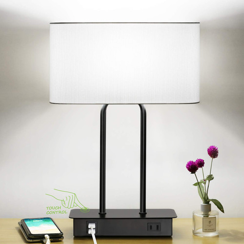 Bedside Touch Control Table Lamp with Dual USB Charging Ports 1 AC Outlet, 3 Way Dimmable Modern Nightstand Lamp with White Fabric Shade