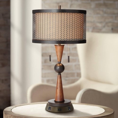 Rustic Farmhouse Table Lamp with USB and AC Power Outlet Workstation Charging Base 28.75" Tall Bronze Cherry Wood Double Drum Shade for Living Room