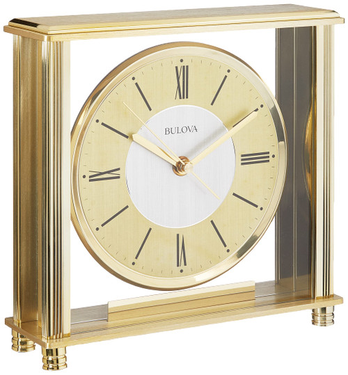 Bulova B1700 Grand Prix Table Clock | Brass MetalFinish | Glass Enclosure with Two-Tone Metal Dial