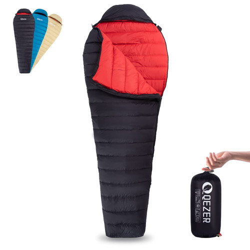 QEZER Ultralight Down Sleeping Bag for Adults 36-61 Degree F with 600 Fill Power, Compact Three Season Sleeping Bag for Backpacking, Hiking and Camping