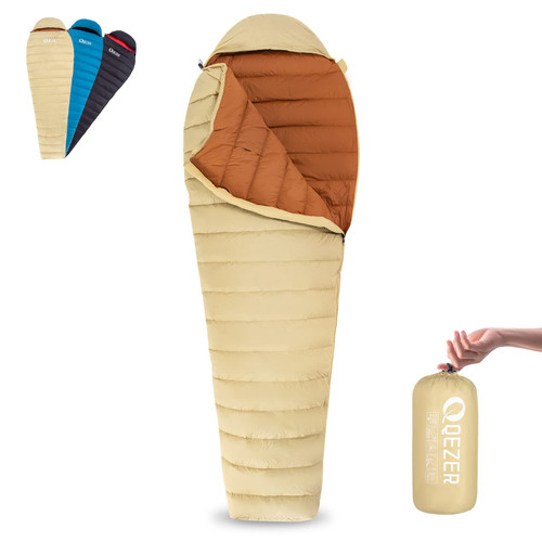 QEZER Ultralight Down Sleeping Bag for Adults 36-61 Degree F with 600 Fill Power, Compact Three Season Sleeping Bag for Backpacking, Hiking and Camping