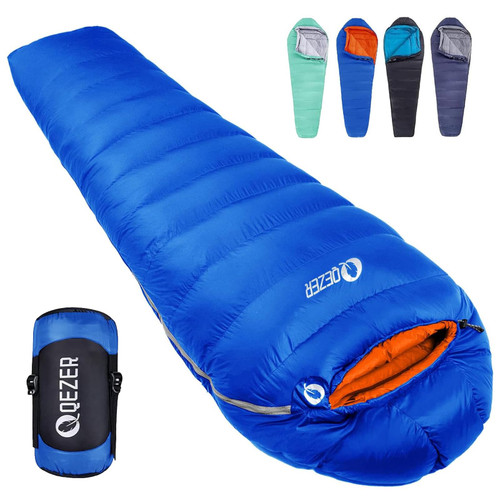 QEZER Down Mummy Sleeping Bag for Adults, 54°F to 28°F Warm Weather Lightweight Compact for Camping Backpacking Hiking, Outdoor Sleeping Bag with 600 Fill Power Down