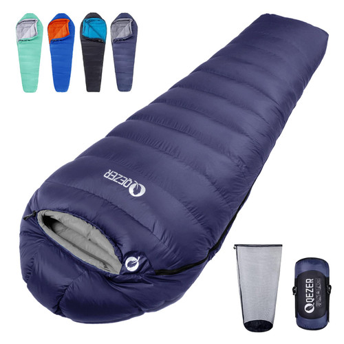QEZER Down Mummy Sleeping Bag for Adults, 32°F to 10°F Lightweight Compact for Camping Backpacking Hiking, 4 Season Outdoor Sleeping Bag with 600 Fill Power Down