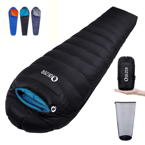 QEZER Down Mummy Sleeping Bag for Adults, 32°F to 10°F Lightweight Compact for Camping Backpacking Hiking, 4 Season Outdoor Sleeping Bag with 600 Fill Power Down