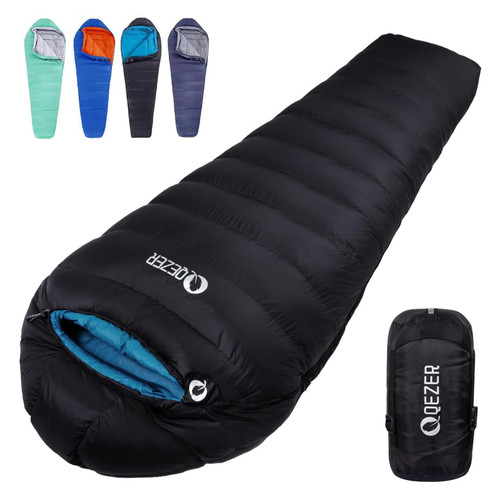 QEZER Down Mummy Sleeping Bag for Adults, 18°F to -11°F Cold Weather Winter Lightweight Compact for Camping Backpacking Hiking, Snow Camping Sleeping Bag with 600 Fill Power Down