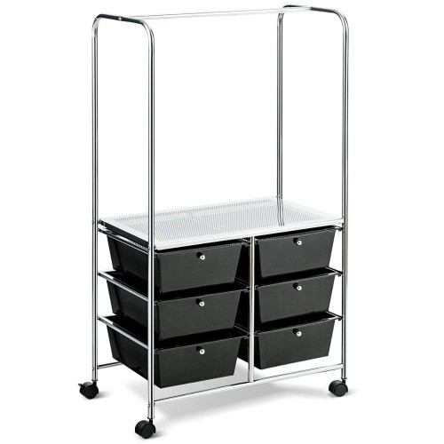 6 Drawer Rolling Storage Cart w/Hanging Bar Office School Organizer 