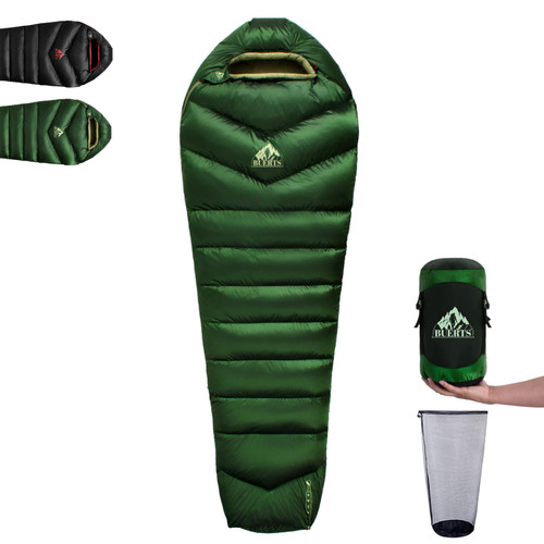 BUERTS Down Sleeping Bag for Adult Backpacking Trips, 620FP, Cold Weather Sleeping Bag, 20°F, 40°F, 60°F. Mummy-Style for Hiking, Camping, and Mountaineering. Compact (26℉ to 41℉, Green)