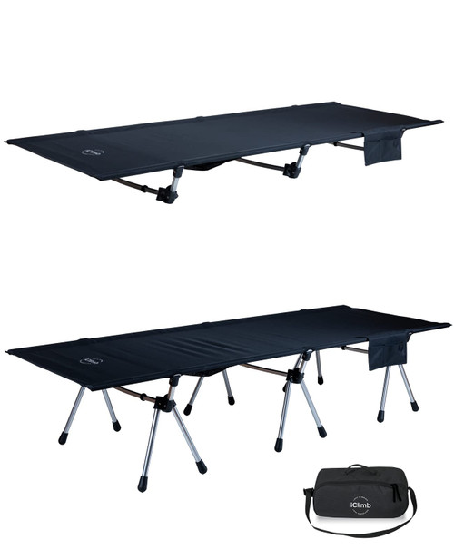 iClimb Super Easy Assemble Folding Cot Ultralight Compact Heavy Duty with Carry Bag for Adults Camping Backpacking (Black, Two Heights)