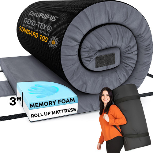 Hazli Matrix AirCell Memory Foam Camping Mattress Pad - Roll Up Mattress for Adults - Portable Cot Sleeping Pad for Camping -Floor Mat or Bed Roll for Car, SUV - Single 75"x30"x3" - Dark Grey