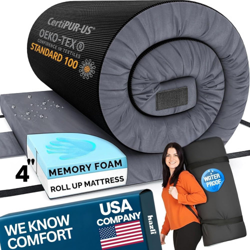 Hazli Matrix AirCell 4 Inch Memory Foam Camping Mattress Pad - Roll Up Mattress for Adults - Portable Cot Sleeping Pad for Camping - Floor Mat or Bed Roll - Twin XL 80’’ X 40’’ X 4’’- Dark Grey