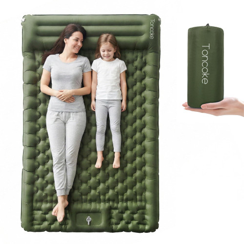 Toncoke 5.1" Thick Double Sleeping Pad with Foot Pump & Pillow, 77.5x53.9 2-Person Air Mattress for Camping, Ultralight & Compact for Backpacking, Hiking, Car Travel，Military Green