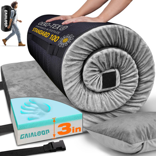Gaialoop 3 Inch Memory Foam Camping Mattress, Dual Layer Thick Sleeping Camp Pad for Car Tent Cot, Roll-Up Portable Glamping Floor Bed for Guests Sleepover[Single: 75 * 30 * 3"]