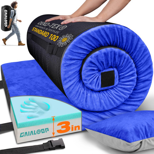 Gaialoop 3 Inch Memory Foam Camping Mattress, Dual Layer Thick Sleeping Camp Pad for Car Tent Cot, Roll-Up Portable Glamping Floor Bed for Guests Sleepover[Single: 75 * 30 * 3"]
