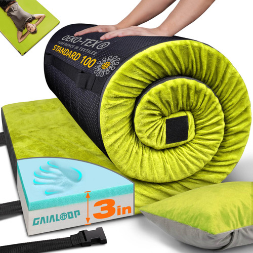 Gaialoop 3 Inch Memory Foam Camping Mattress, Dual Layer Thick Sleeping Camp Pad for Car Tent Cot, Roll-Up Portable Glamping Floor Bed for Guests Sleepover[Twin: 75 * 38 * 3"]