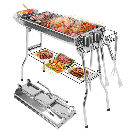 Portable Charcoal Grill, Folding Barbecue Grill with Storage Shelf