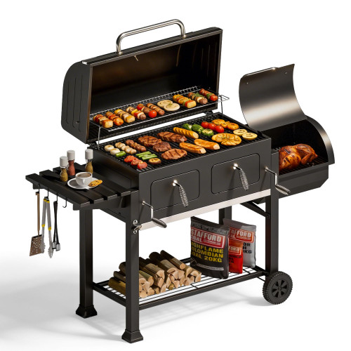 49" 2 in 1 Charcoal Grill & Smoker Combo, Outdoor Grill with Enamel Coated Charcoal Tray