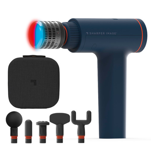 Powerboost Versa Hot & Cold Rechargeable Handheld Massager, 5 Adjustable Speeds, 6 Attachment Heads & Carrying Case, for Muscle Pain Relief, Blue
