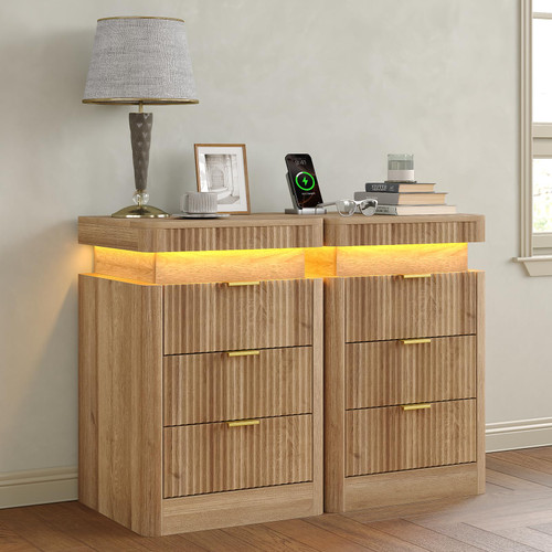 Yanosaku Night Stand Set of 2 with Charging Station, 3-Drawer Fluted LED Bedside Tables with Sliding Top & USB Outlets