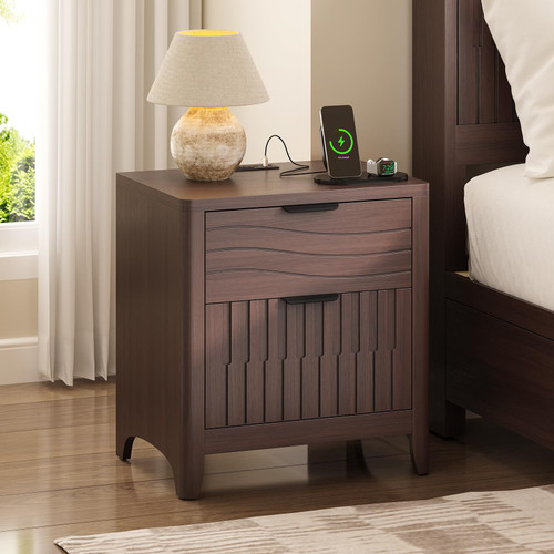 Curved Corner & Metal Handle, Mid Century Night Stand End Side Table for Bedroom, Walnut
