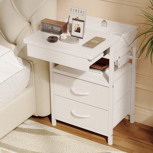 Night Stand with Charging Station and Sliding Top Storage, Bed Side Table with 2 Fabric Drawers