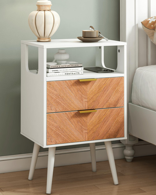Veegle Solid Wood Nightstand with 2 Storage Drawer and Open Wood Shelf, End Table, Bedside Table with Herringbone Pattern