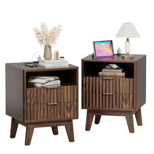 Fluted Nightstand Set of 2 with Charging Station, Modern Bedside Table with 2 Drawers, End Table with Open Storage