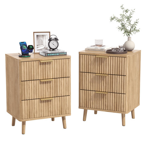 Natural Nightstand Set of 2 with Storage, Wood Bedside Tables for Living Room, Bedroom (Wooden)