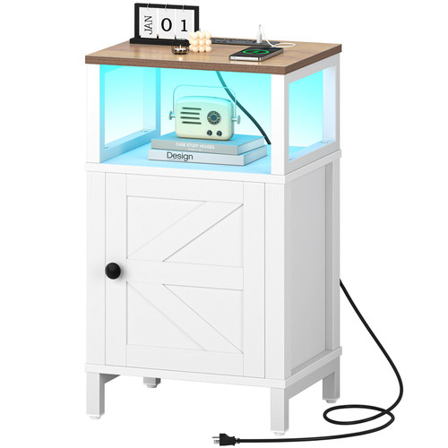 Yoobure Farmhouse NightStand with Charging Station，Wood Night Stand End Table with USB Ports, LED Bed Side Table with Storage Cabinet