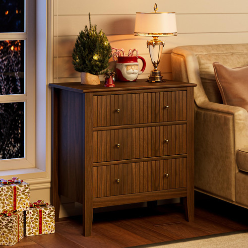 Night Stand, Fluted 3 Drawer Wide Farmhouse Nightstand with Gold Handle