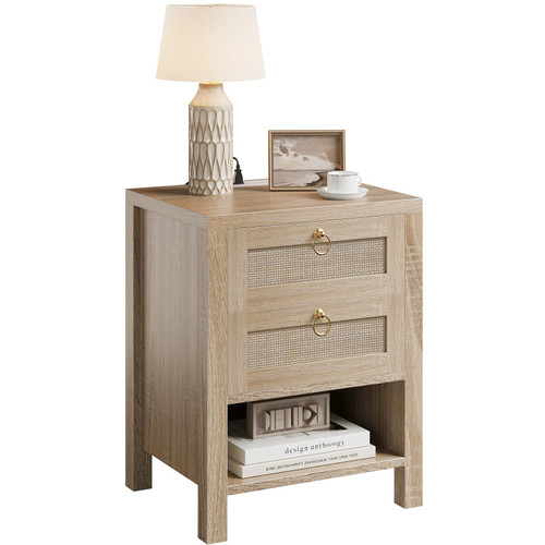 Boho Nightstand with Charging Station, Bedside Table with Storage Shelf, Accent Side Table End Tables Living Room