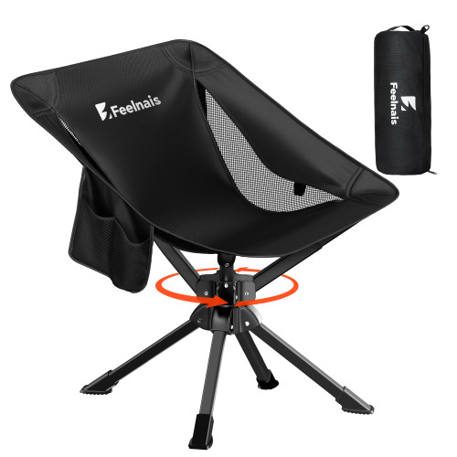 Feelnais Folding Camping Chairs Lightweight & Portable, No Assembly, 360° Swivel Camping Chair for Adults, Compact Outdoor Chairs for Beach, Lawn, Travel, Backpacking, Hiking, Fishing, Black