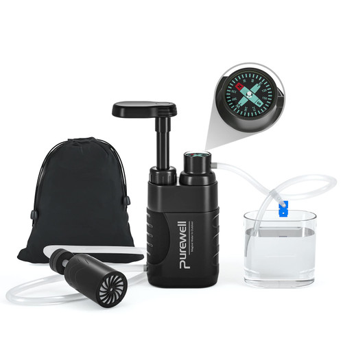 Purewell Water Hand Purifier Pump with Replaceable Carbon 0.01 Micron Water, Stages, Portable Outdoor Emergency and Survival Gear - Camping, Hiking, Backpacking(Black)