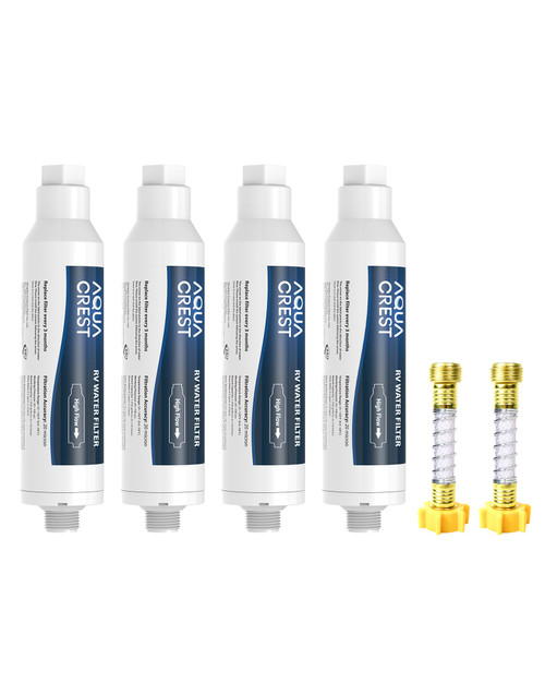AQUA CREST RV Water Filter, RV Inline Water Filter with NSF Certified, Reduces Chlorine, Bad Taste and Odor, Ideal for Garden and Camper (Filter 4 Pack with Hose Protector)