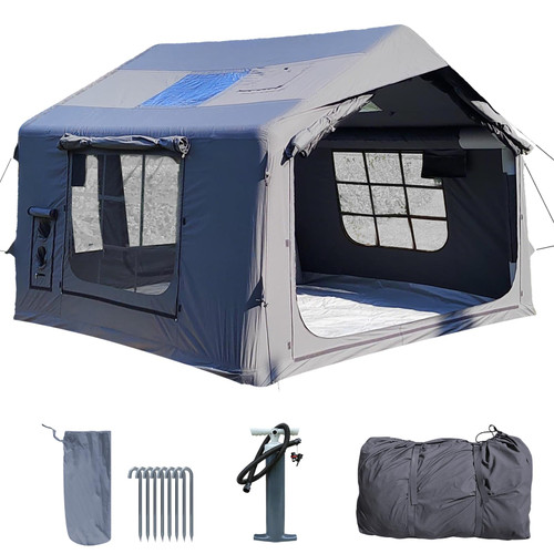 8㎡ Luxury Inflatable Camping Tent for 3–8 People, Dark Gray Tech-Cotton Fabric, 4-Season Family Inflatable House with Chimney Port and Transparent Skylight