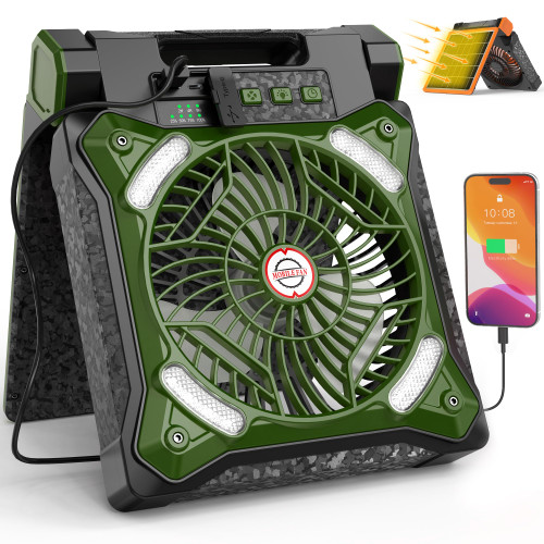 KITWLEMEN Upgraded Solar Camping Fan with Lantern - Rechargeable Battery Operated Fan, 36H Run Time Max, 4 Speeds, 8H Timer, 90° Adjustable Portable Desk Fan for Hurricane, Power Outage, Outdoor Use