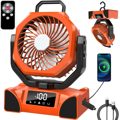 Portable Camping Fan Battery Operated Powered Fan with Remote Control & LED Lantern,20000mAh Battery Rechargeable,LED Digital Display,Oscillate,Timer,Rotation Hanging Hook for Tents Travel - Orange