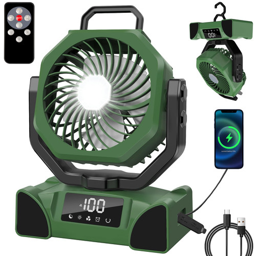 Portable Camping Fan Battery Operated Powered Fan with Remote Control & LED Lantern,20000mAh Battery Rechargeable,LED Digital Display,Oscillate,Timer,Rotation Hanging Hook for Tents Travel - Green