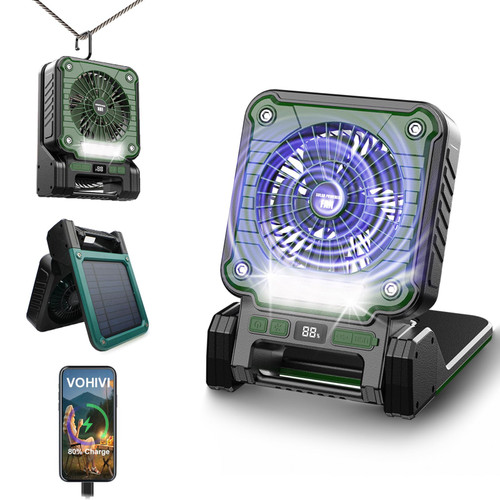 VOHIVI Solar Powered Rechargeable Fan with Light - 3 Speed Portable USB-C Hanger Camping Fan, Power Outage for Home and Kitchen Emergency, Outdoor Tent Fan for Picnic, BBQ and Travel