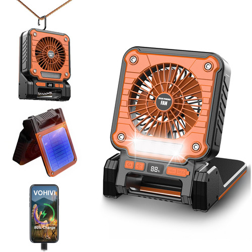 VOHIVI Solar Powered Rechargeable Fan with Light - 3 Speed Portable USB-C Hanger Camping Fans,Power Outage at Home and Kitchen Emergency,Outdoor Tent Fan for Picnic,BBQ and Travel
