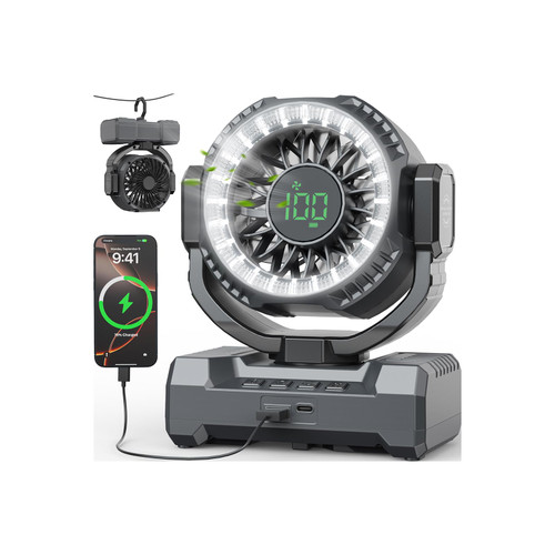 24000mAh Camping Fan, Portable Rechargeable Fan, Battery Powered Fan with LED Lantern & 120° Oscillation, Battery Operated Ventiladores for Travel, Tent, Fishing, Jobsite, Outdoor, Gifts for Men Dad